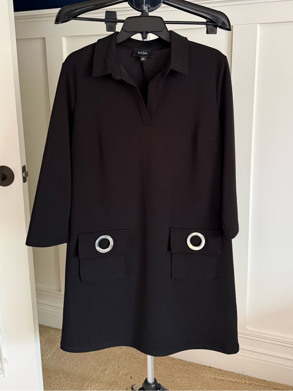 MSK Black Mini Shift Dress with Silver Ring Pocket Detail